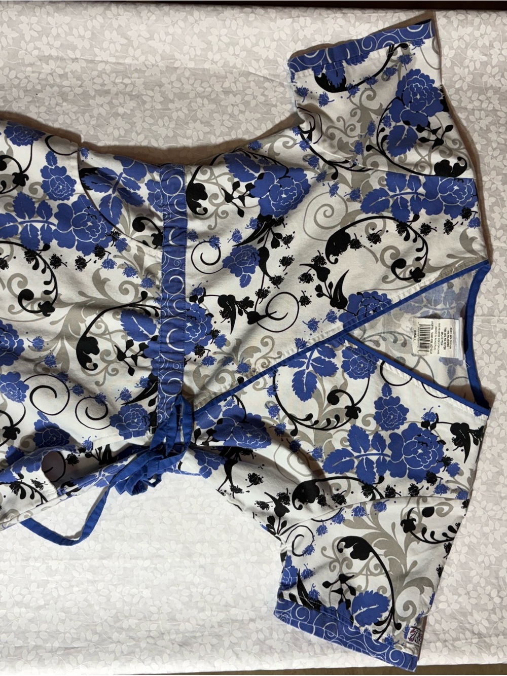 Sussan White Top with Blue Floral and Black Scroll Print